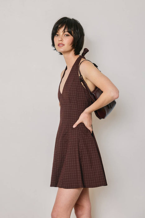 Merlot Plaid Halter Mini Dress