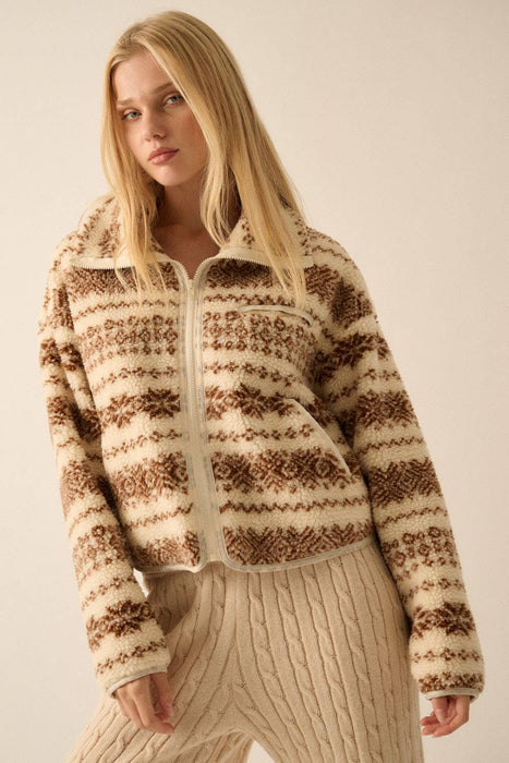 Alpine-Print Sherpa Fleece Pocket Jacket