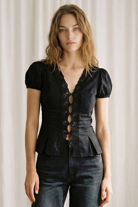 Lace Trim Puff Sleeves Blouse