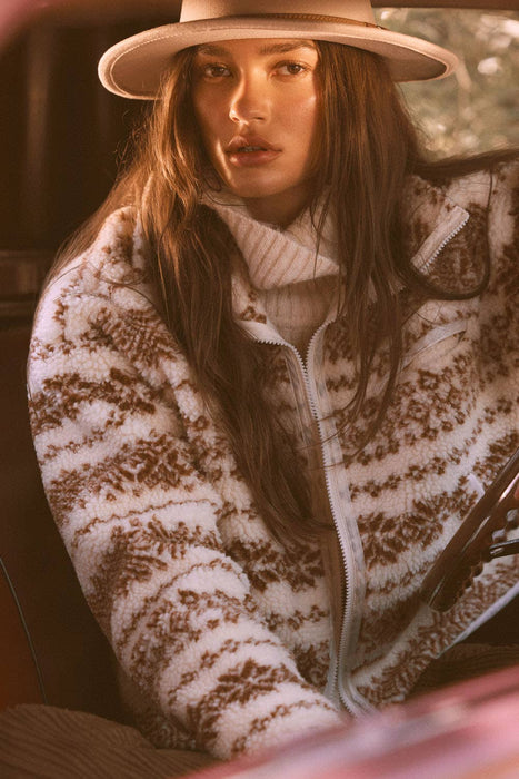 Alpine-Print Sherpa Fleece Pocket Jacket