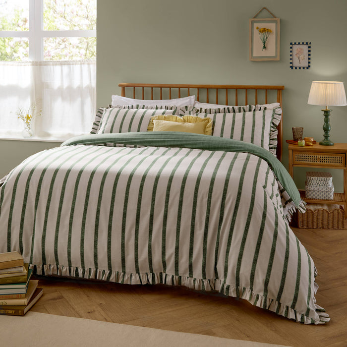 Connie Striped Ruffle Duvet Set Moss
