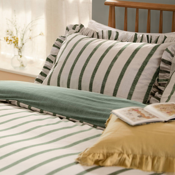 Connie Striped Ruffle Duvet Set Moss