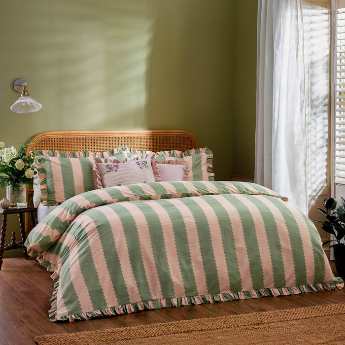 Stripe Ruffle Duvet Cover Set Pink/Green