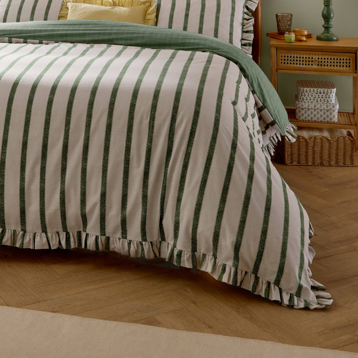 Connie Striped Ruffle Duvet Set Moss