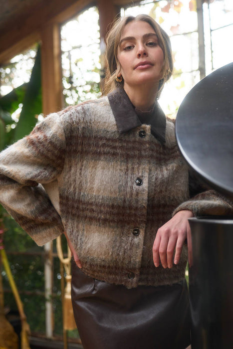 Plaid Jacket with Suede Collar