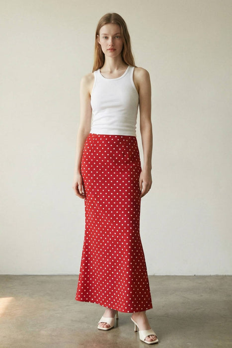 Polka Dot Print Satin Mid Waist Maxi Skirt