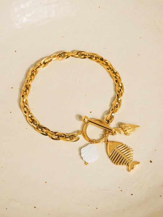 Bone 18K Gold Non-Tarnish Fishbone Shell Chain Bracelet