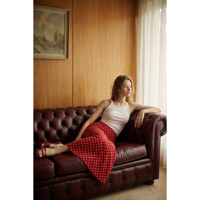 Polka Dot Print Satin Mid Waist Maxi Skirt