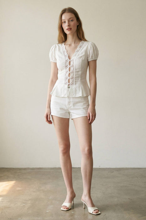 Lace Trim Puff Sleeves Blouse