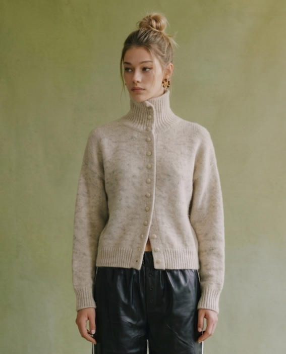 Oatmeal High Neck Knit Cardigan