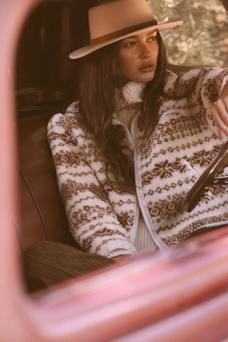 Alpine-Print Sherpa Fleece Pocket Jacket