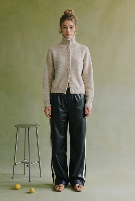 Oatmeal High Neck Knit Cardigan