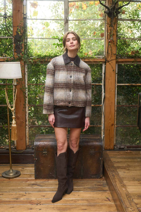 Plaid Jacket with Suede Collar