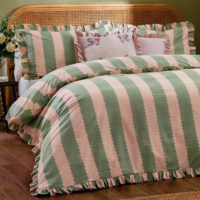 Stripe Ruffle Duvet Cover Set Pink/Green