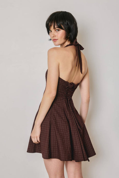 Merlot Plaid Halter Mini Dress