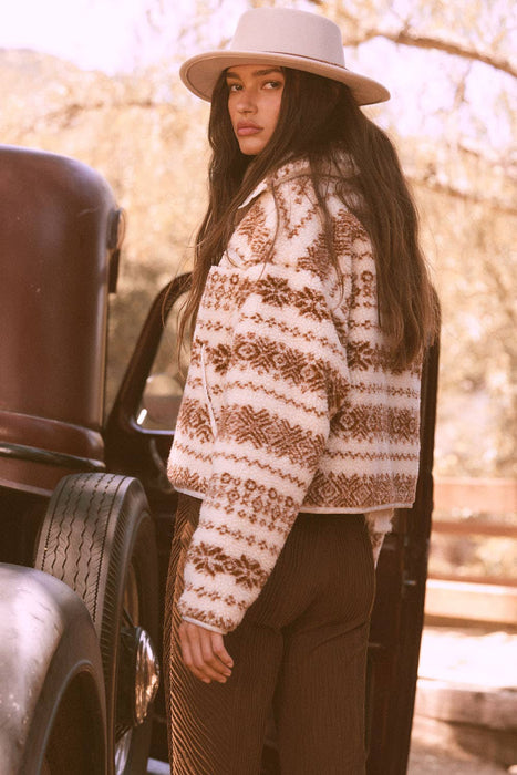 Alpine-Print Sherpa Fleece Pocket Jacket