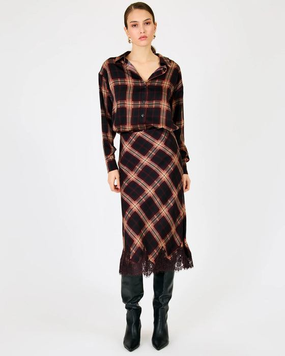 Bordeaux Plaid and Lace Midi Skirt