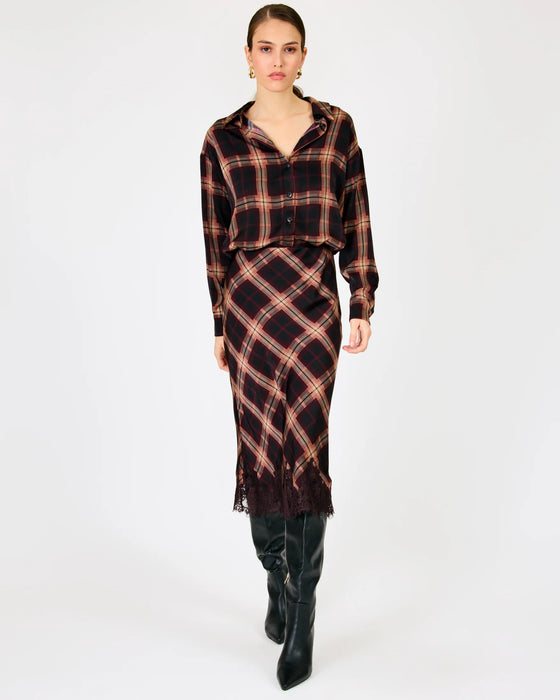 Bordeaux Plaid and Lace Midi Skirt