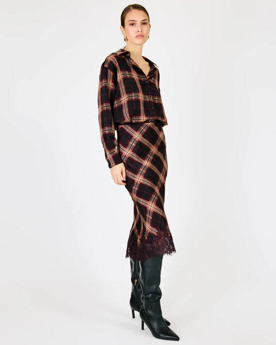 Bordeaux Plaid and Lace Midi Skirt