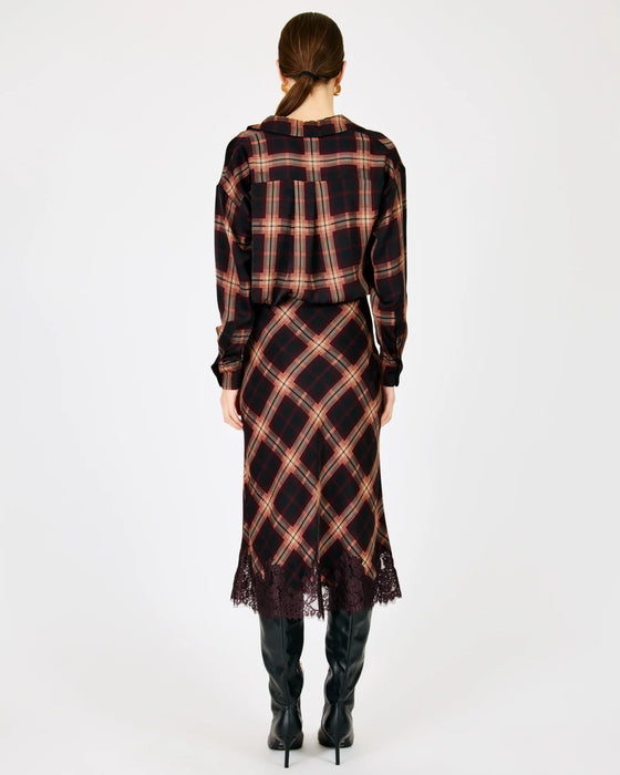 Bordeaux Plaid and Lace Midi Skirt