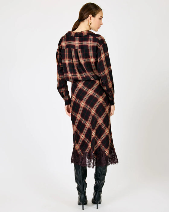 Bordeaux Plaid and Lace Midi Skirt