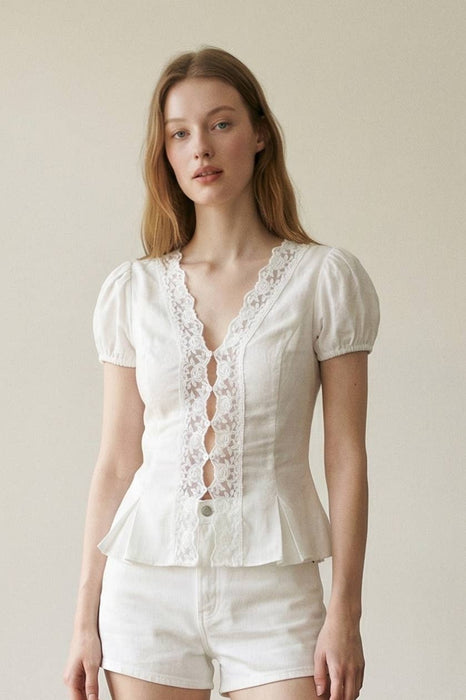 Lace Trim Puff Sleeves Blouse