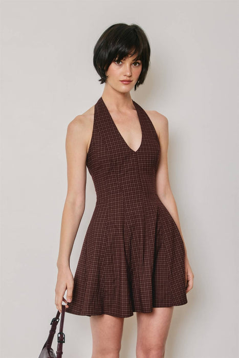 Merlot Plaid Halter Mini Dress