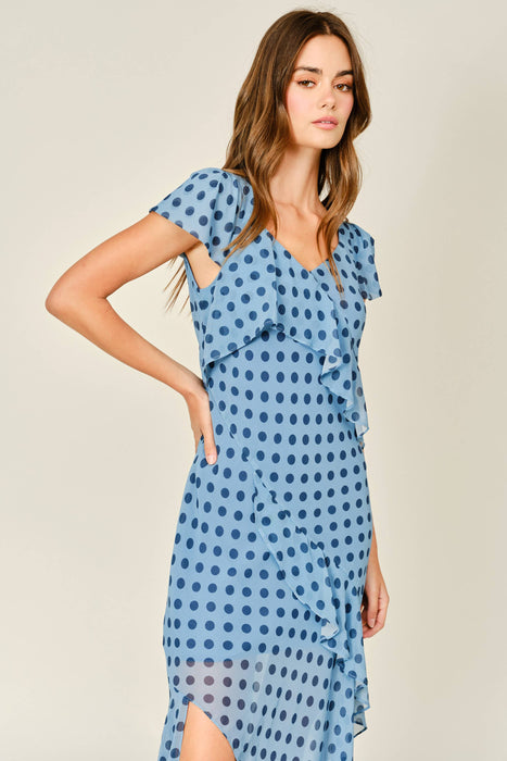 Bleu Polka Dot Ruffle Dress