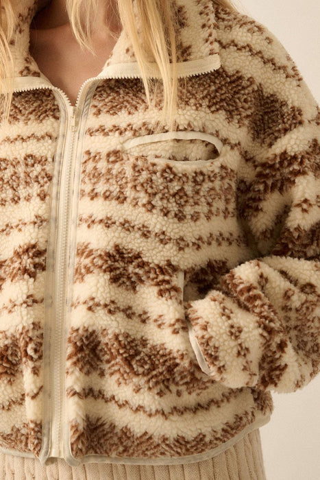 Alpine-Print Sherpa Fleece Pocket Jacket