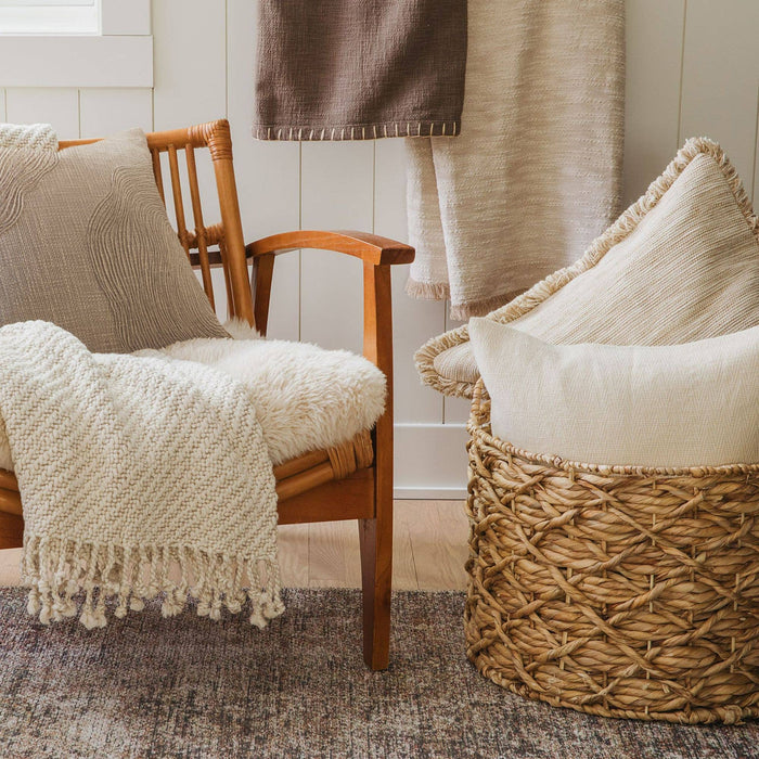 Taupe Embroidered Jute Pillow