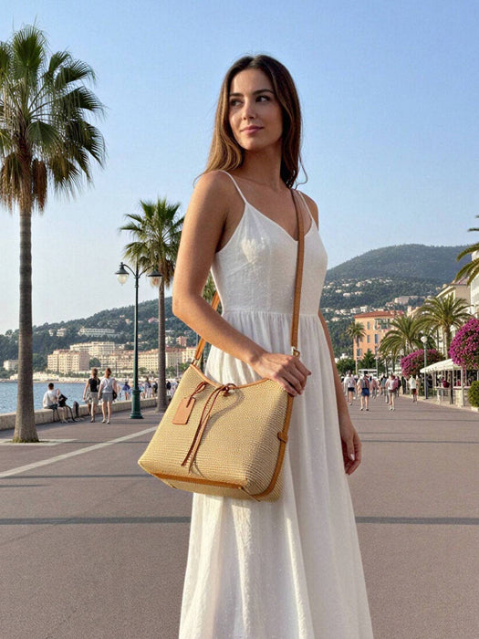 Leather and Raffia Shoulder Bag